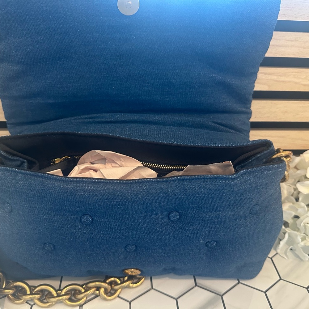🆕 Dark Denim Handbag w Gold Chain Strap - Picture 9 of 12
